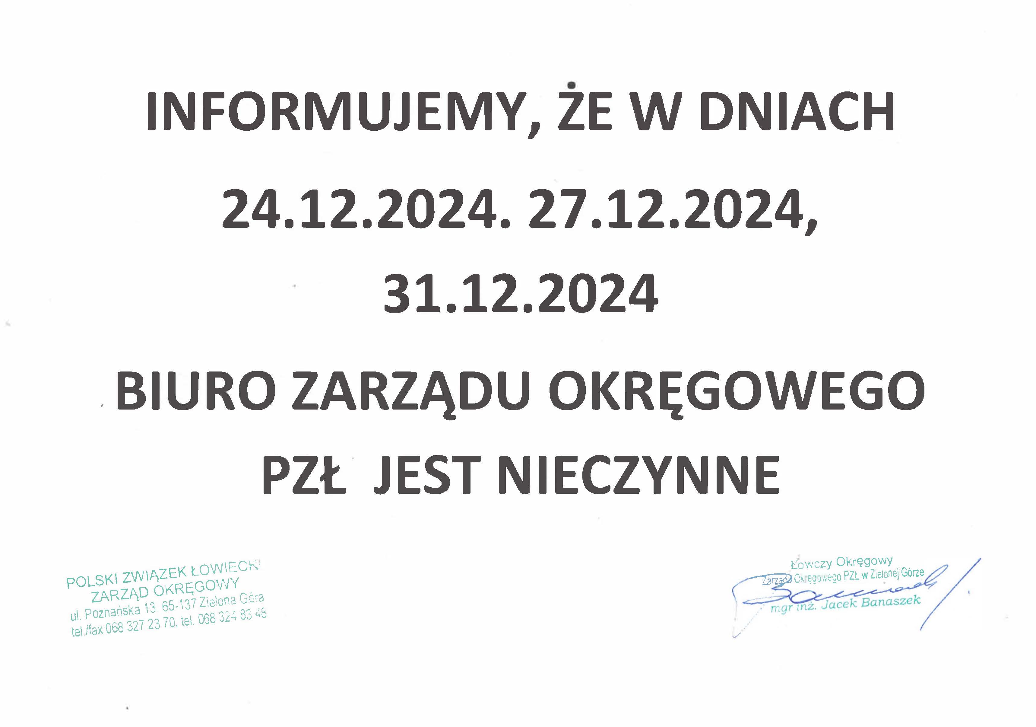 UWAGA! Biuro ZO PZŁ będzie nieczynne w dniach: 24, 27 i 31 grudnia 2024r.