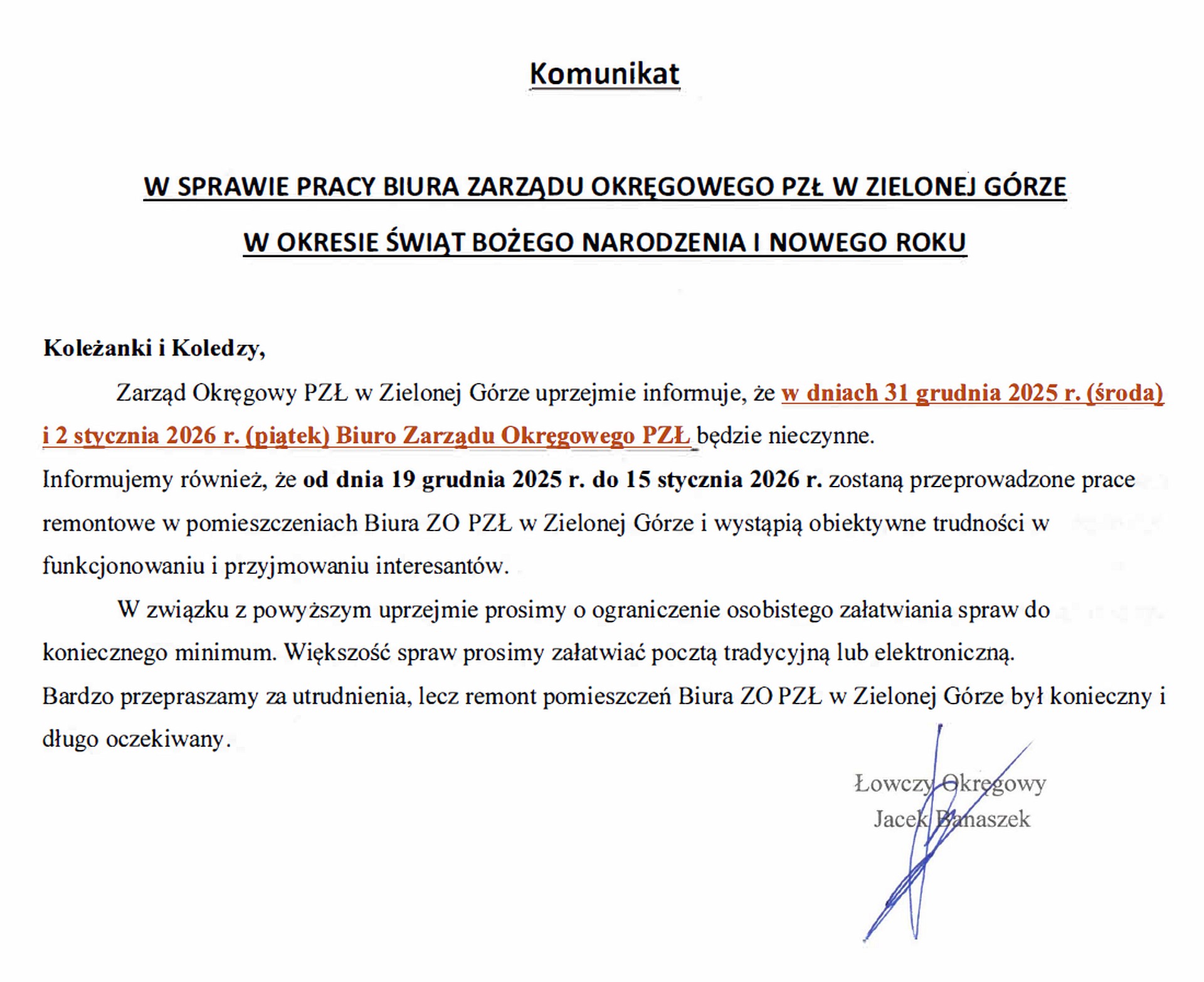 Komunikat w sprawie pracy biura ZO PZŁ w Zielonej Górze w okresie świąt i nowego roku